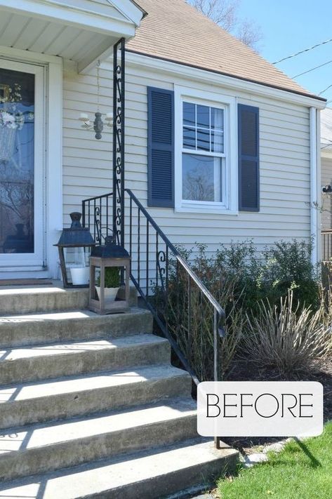 Cement Stairs, Porch Curb Appeal, Front Porch Curb Appeal, Front Porch Stairs, Cement Steps, Concrete Front Porch, Front Porch Railings, Front Porch Steps, Porch Stairs