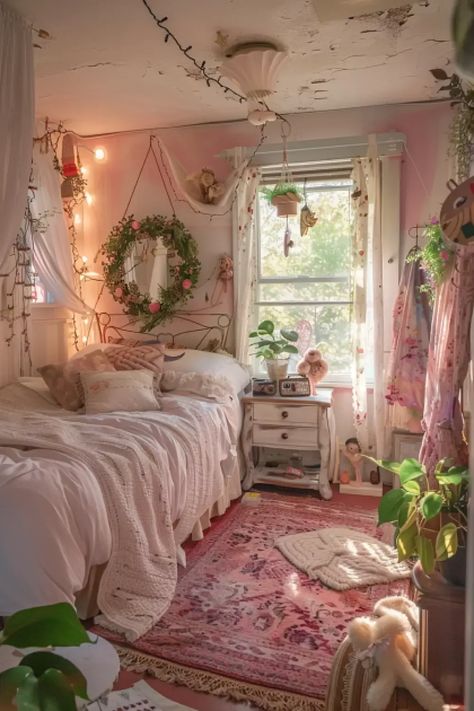 Light Pink Maximalist Bedroom, Girly Small Bedroom Ideas, Elegant Room Ideas Aesthetic, Bonus Room Into Bedroom Ideas, Bedroom Nature Decor, Dim Bedroom Aesthetic, Angel Themed Bedroom, Furniture For Bedroom Ideas, Light Pink Room Inspo Aesthetic