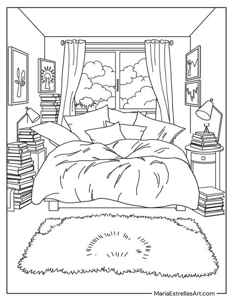 26 Cozy Coloring Pages (Free Printables) Simple Cute Coloring Pages, Coloring Pages Interior, Simple Coloring Pages Aesthetic, Room Coloring Pages, Cozy Coloring Pages, Colouring Sheets For Adults, Relaxing Coloring Pages, Hello Kitty Colouring Pages, Aesthetic Living Room