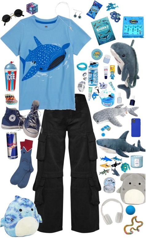 Shark Outfit Ideas, Shark Shirt Aesthetic, Shark Aesthetic Outfits, Shark Themed Outfit, Silly Outfit Ideas, Shark Core Outfits, Fishcore Outfit, Roblox Shark Outfit, Sharkcore Outfits