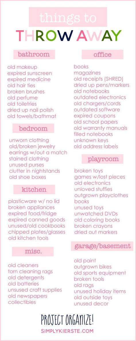 A great room-by-room list of things to throw away to help your home feel clean and uncluttered! It will make all the difference! Easy Home Organization, Organizing Hacks, Organisation Hacks, Organize Declutter, Moving Tips, Book Book, Home Organization Hacks, Cleaning Checklist, Cleaning Schedule