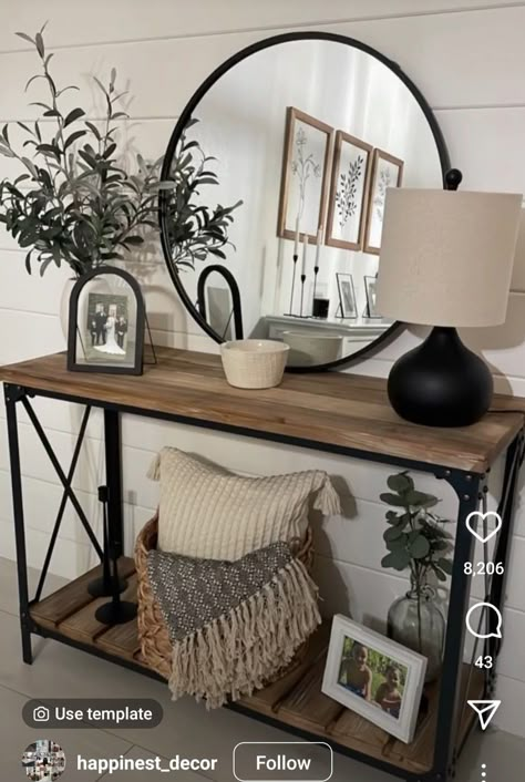 Living Room Decor Mirror Ideas, Boho With Black Accents Living Room, Black And Wood Boho Living Room, Living Room Entry Table, Black Mirror Living Room Decor, Big Mirror Entryway Ideas, Farmhouse Living Room With Black Accents, Accent Wall With Entry Table, Mirror For Entryway