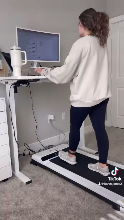 Walking Desk Aesthetic, Desk With Walking Pad, Home Office Walking Desk, Work From Home Vibes, Office With Treadmill, Walk Pad, Walking Pad Desk Aesthetic, Office Treadmill, Walking Desk Set Up