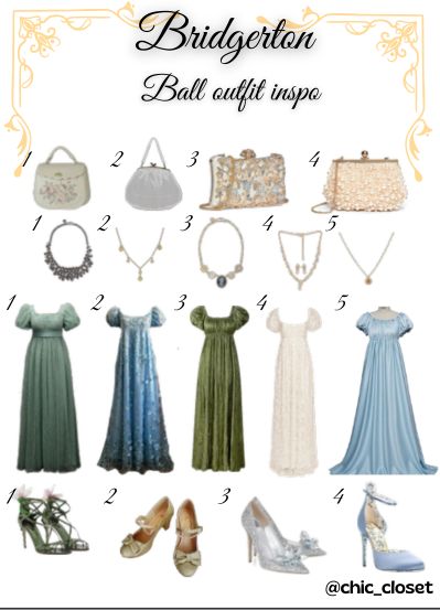 A Bridgerton inspired ball outfit inspiration matching collage.  Similar items are linked down below!  #Bridgertonoutfits #bridgerton #bridgertonaesthetic #bridgertonseason3 #chiccloset #victorianoutfits #victorianoutfitinspo #vintageoutfits Bridgerton Outfit Inspiration, Bridgerton Party Outfit Ideas, Bridgerton Hairstyle, Bridgerton Outfits Inspired, Brigerton Outfit Inspired, Bridgerton Inspired Outfits, Ball Outfit Ideas, Bridgerton Outfits, Bridgerton Oc