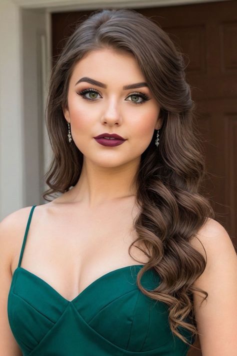 Wedding Makeup With Green Dress, Makeup Emerald Green Dress, Makeup To Match A Green Dress, Makeup For A Dark Green Dress, Make Up To Go With Emerald Green Dress, Formal Green Makeup, Green Emerald Dress Makeup, Eye Makeup For Dark Green Dress, Makeup Dark Green Dress