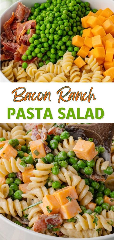 Bacon Ranch Pasta Salad is made with crispy bacon, tender pasta, sharp cheese, sweet peas, and a cool ranch dressing, coming together to create the BEST pasta salad ever! You can never have too many salad recipes in your recipe box, and this one is an all-time favorite. Best Pasta Salad Ever, The Best Pasta Salad, Bacon Ranch Pasta, Bacon Ranch Pasta Salad, Ranch Pasta Salad, Ranch Pasta, Easy Pasta Salad Recipe, Best Pasta, Pasta Sides