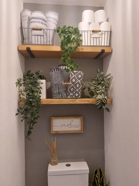 Toilet Room Shelf Decor, Small Toilet Room Wall Shelves, Decor Behind Toilet Bathroom, Toilet Room Shelving, Downstairs Toilet Shelves, Bathroom Wall Collage Ideas, Toilet Paper Ideas Bathroom, Wc Decoration Ideas, Single Toilet Room Ideas Decor