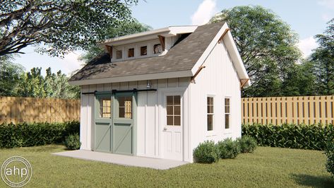 16x12 Shed Plans, Large Garden Shed, Modern Farmhouse Shed, Farmhouse Shed, White Shed, Verandah Ideas, Pool Sheds, Backyard Workshop, Farmhouse Sheds