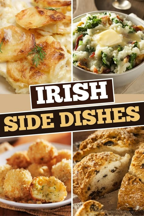 These classic Irish side dishes are the perfect complement to your meal. From colcannon to soda bread to cabbage and bacon, give your sides an Irish makeover. Irish Food Potluck, Irish Sides Recipes, Irish Potato Salad Recipe, Irish Salads Traditional, Best Irish Dishes, Sides For St Patricks Day, St Pattys Side Dish, Irish Side Dishes Vegetables, Irish Brunch Recipes