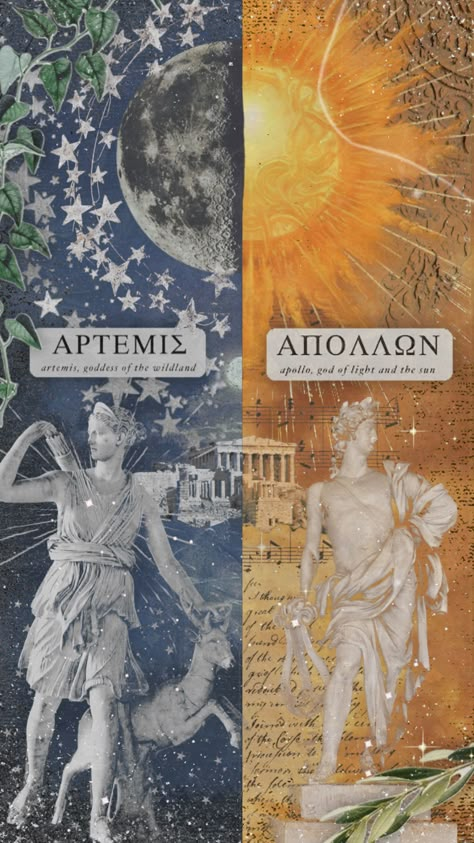 Artemis & Apollo #artemis #apollo #moon #sun #siblings #greekmythology Artemis Apollo, Apollo Artemis, Hellenic Polytheism, Apollo Aesthetic, Apollo Greek, Cabin 7, Apollo And Artemis, Greek Pantheon, Greek Mythology Gods