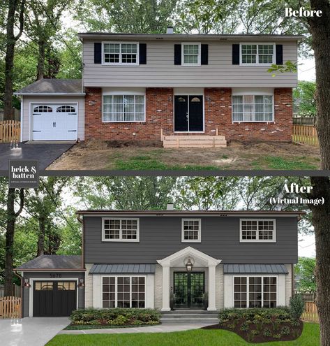 Colonial House Exteriors, Houses Exterior, Painted Houses, Exterior House Renovation, Painted Brick House, Exterior House Remodel, House Makeovers, Brown Roof, Colonial Exterior