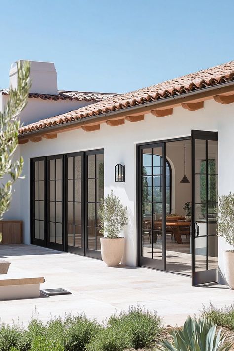 Modern spanish villa courtyard French doors. Check out all of these hacienda houses that blend rustic charm with modern comfort. Spanish Style Covered Patio, Modern Spanish Farmhouse Exterior, Modern Spanish Colonial Exterior, Guess House Ideas, French Door To Backyard, Italian Villa Courtyard, House Mediterranean Modern, French Doors Backyard, Mexican Modern House Exterior