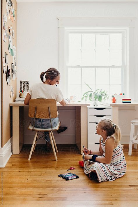 "Mom Working From Home With Daughter" by Stocksy Contributor "Kristine Weilert" - Stocksy Work From Home Mom Aesthetic, Working With Kids Aesthetic, Primer Aesthetic, Working Mom Aesthetic, 2025 Template, Mom Vision Board, Wfh Mom, Mama Aesthetic, Lady Lair