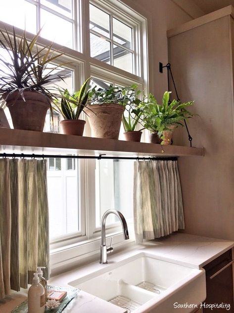 Window Ledge Ideas Kitchen, Kitchen Sink Off Center Of Window, Above Kitchen Sink No Window Ideas, Kitchen Sink And Window Ideas, Kitchen Window Shelf For Plants, Behind The Kitchen Sink Decor, Shelves In Front Of Windows Kitchen, Cute Kitchen Window Ideas, Over Window Plant Shelf