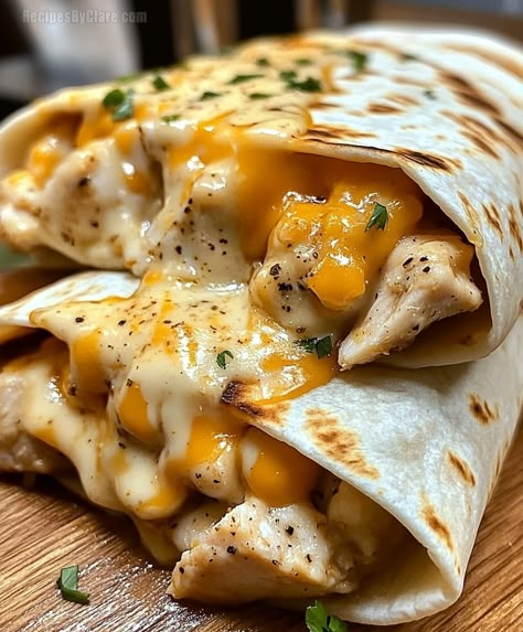 Cheesy Garlic Chicken Wraps - Quick and Tasty Chicken Recipe - Recipes By Clare Cheesy Chicken Alfredo Wraps, Dinners For Hot Weather, Burittos Recipes Chicken, Cheesy Chicken Wraps, Chicken Alfredo Wraps, Chicken Tortilla Wrap Recipes, Creamy Garlic Chicken Wraps, Chicken Ceaser Wraps Recipe, Dinner Wraps Recipes