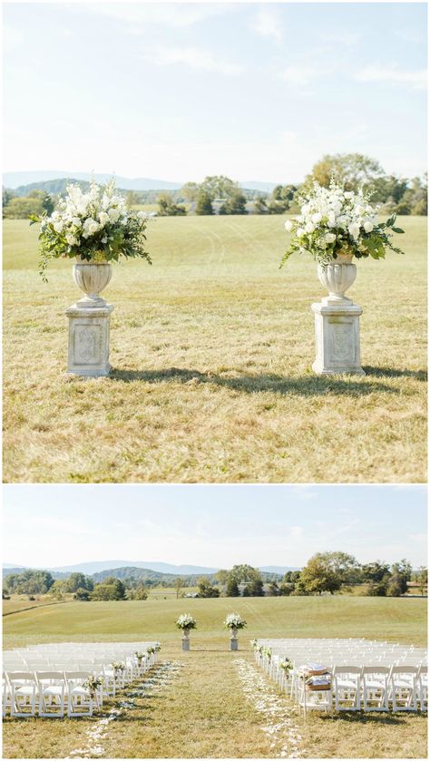 Cream Floral Arrangements, Petals Down The Aisle, Wedding Ceremony Floral Arrangements, Outside Wedding Ceremonies, Wedding Aisle Outdoor, Wedding Ceremony Decorations Outdoor, Wedding Plants, Wedding Ceremony Decor, Wedding Alters