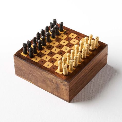 Travel Chess Game | West Elm Dark Wood Cabin, Mini Chess Set, Rainy Day Ideas, Christmas Shoebox, How To Play Chess, Travel Chess Set, Chess Board Game, Wood Cabin, Wooden Chess Board