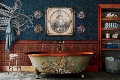 Dark Nautical Decor, Modern Nautical Bathroom, Diy Octopus, Dark Nautical Aesthetic, Pirate Love, Dark Nautical, Nautical Steampunk, Steampunk Diy Crafts, Steampunk Bathroom