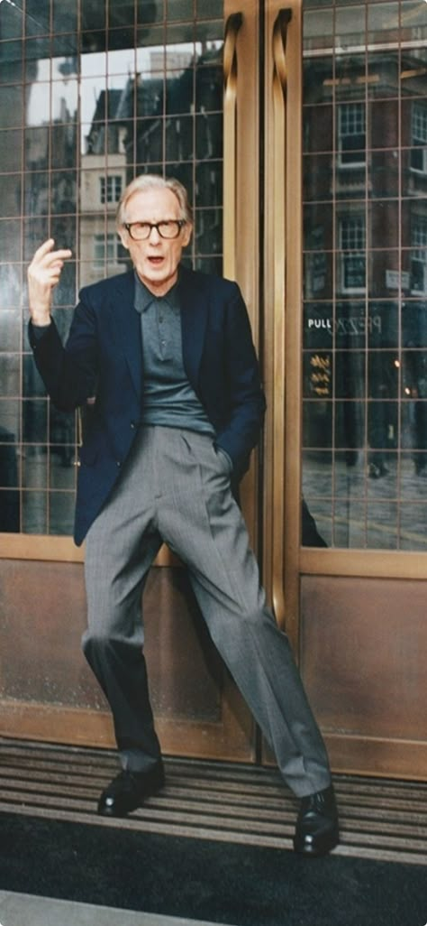 Grey Suit Men Casual, Bill Nighy Style, Mod Fashion Men British, 80s Businessman, 1950s Ivy League Style, 1980s Businessman, 1960s Ivy League Style, Grey Blazer Outfit, Bill Nighy