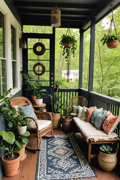 Small Screened In Porch Ideas Cozy, Small Cozy Deck Ideas, Cozy Porch Seating Ideas, Porch Sitting Ideas, Boho Back Porch Ideas, Boho Back Porch, Screen Porch Decorating, Porch Sitting Area, Verandah Decor