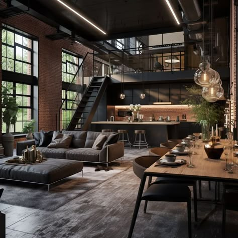 Urban Loft Apartment, Loft Apartment Aesthetic, Loft Apartment Industrial, Industrial Loft Design, Loft House Design, Loft Interior Design, Loft Interior, Bed Design Modern, Loft Interiors