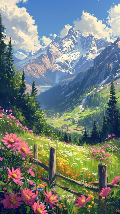 Flower Valley Painting, Dreamy Canvas Paintings, Dreamy Landscape Photography, Istoria Artei, Dreamy Artwork, Landscape Beautiful, Dreamy Landscapes, Landscape Art Painting, Pretty Landscapes