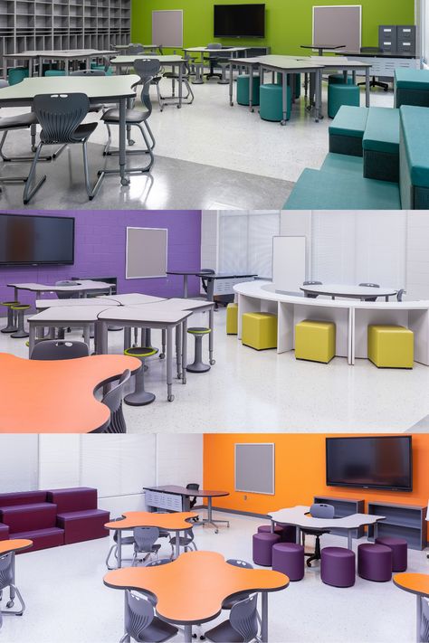 Check out these 21st century K12 classroom spaces in our learning space gallery! #MiEN #k12education #highereducation #design #furniture #21stcenturylearning #learning #schooldesign #collaboration #students #teachers #softseating School Computer Lab Design, 21st Century Classroom Design, Computer Lab Design, 21st Century Learning Spaces, School Computer Lab, Education Design Interior, Classroom Interior, 21st Century Classroom, Lab Design