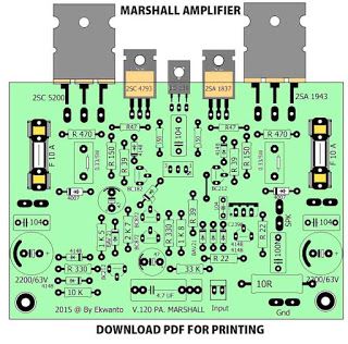 Hello Electronic DIY'ers, on this occasion I will share a PCB Layout file for Marshal V.120PA power amplifier. Where this power amplifier circuit is very suitable for guitar amplifiers, the power output can reach 100W with an adequate power supply, you can use a symmetrical power supply, ranging from a voltage of 25VDC-45VDC, a minimum of 5 amps Guitar Amplifier Schematic, Rangkaian Elektronik Amplifier, Power Amplifier Audio, Diy Guitar Amp, Mini Amplifier, Mobile Tricks, Hifi Amplifier, Amplifier Audio, Valve Amplifier