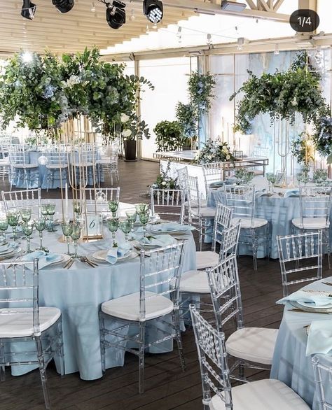 Baby Blue Engagement Decoration, Blue And White Wedding Venue Ideas, Sky Blue Theme Birthday Party, Powder Blue Theme Wedding, Light Blue And White Wedding Decorations, Dusty Blue Tablecloth Wedding, Pastel Blue Wedding Decorations, Light Blue Bridal Dress, Light Blue 15 Decorations