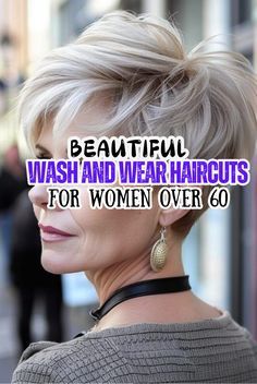 Discover beautiful wash-and-wear haircuts for women! These effortless styles are perfect for busy lifestyles, featuring easy maintenance cuts that enhance your natural texture. From tousled bobs to soft layers, find the ideal look that keeps you stylish with minimal effort. Wash And Wear Pixie Haircut, Haircuts For Nurses, Short Older Womens Haircuts, Short Haircuts Without Bangs, Wedge Hairstyles Over 50, Wash And Go Haircut Fine Hair, Back Of Head Haircut, Easy To Style Short Haircut For Women, Wedge Haircuts Stacked