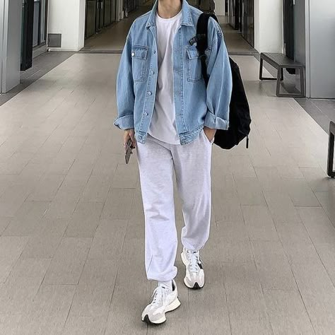 Light Blue Denim Jacket Outfit Men, Korean Fashion Men Jeans, White And Denim Outfits Men, White Joggers Outfit Men, White Denim Outfit Men, Light Blue Jacket Outfit Men, Korea Boy Outfit, Light Blue Hoodie Outfit, Light Blue Outfit Men