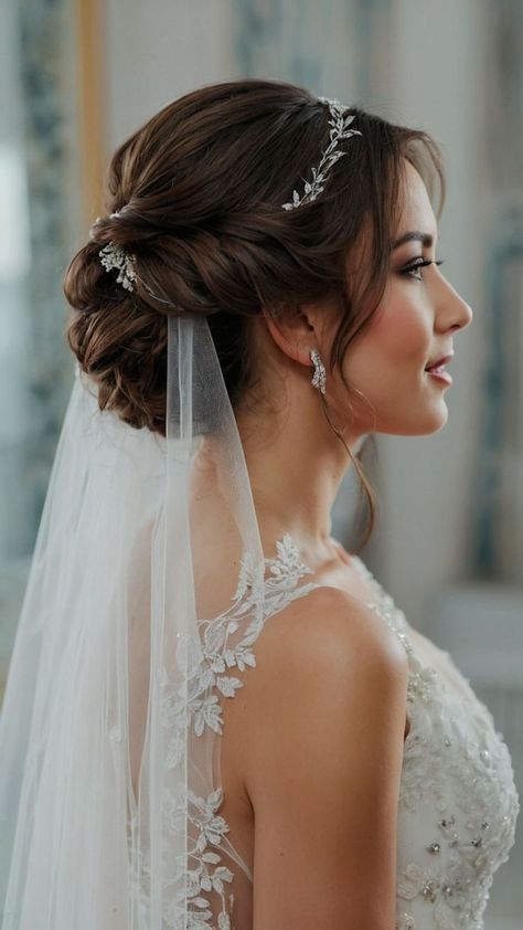 Bridal Updo With Hair Vine, Wedding Hair Braids Updo, Bridal Updos For Long Hair With Headband, Headband And Veil Wedding Hair, Bridal Bun With Tiara, Bridal Headband With Veil Updo, Wedding Hairstyles With A Tiara, Crown Braid With Veil, Braids Hairstyles Bride