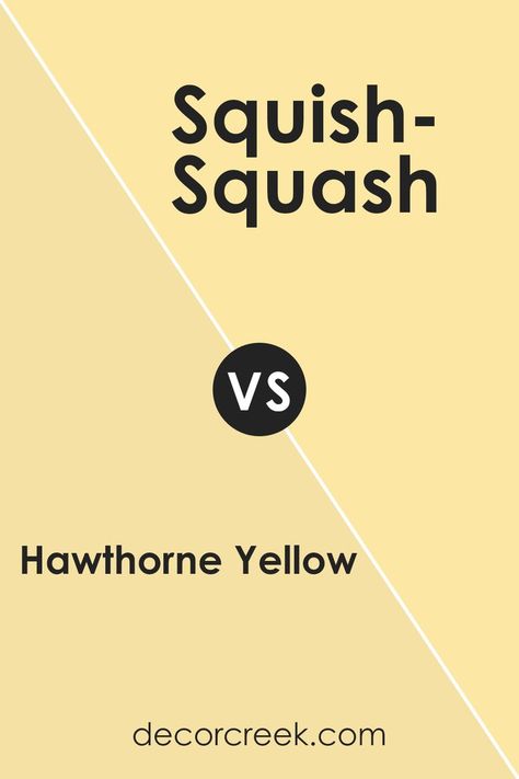 Hawthorne Yellow HC-4 by Benjamin Moore vs Squish-Squash 311 by Benjamin Moore Hawthorne Yellow, Muted Yellow, Trim Colors, Coordinating Colors, Benjamin Moore, Paint Color, Living Rooms, Paint Colors, Kitchens