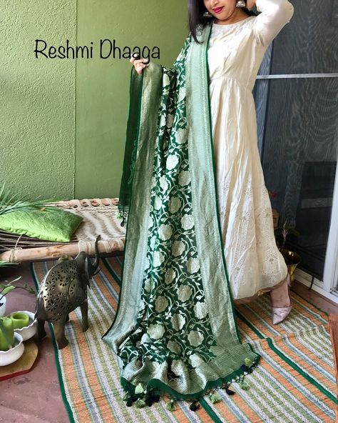 Khushboo Yadav on Instagram: “Reshmi Dhaaga brings to you BOTTLE GREEN /DARK GREEN PURE KHADDI GEORGETTE Banarasi dupatta with Silver Zari ... DM for enquires...…” Green Banarasi Dupatta, Green Dupatta, Heavy Dupatta, Bottle Green, Colour Combinations, Green Dark, Color Combos, Green Colors, Color Combinations