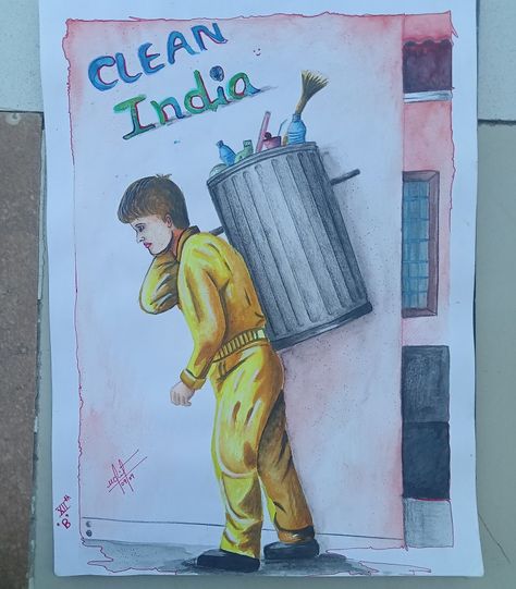 Watercolor+pencil colour Swachhta Hi Seva Drawing, Swachh Bharat Drawing Posters, Clean India Drawing Ideas, Swachh Bharat Posters, Swachh Bharat Drawing Ideas, Clean India Posters, Exam Drawing, Clean India, Swachh Bharat