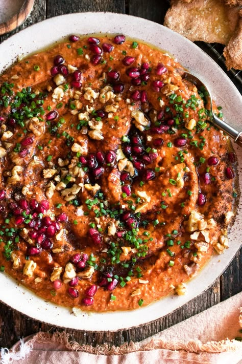 Roasted Red Pepper & Walnut Dip (Muhammara) - The Original Dish Roasted Red Pepper And Walnut Dip, Vegan Red Pepper Dip, Red Pepper And Walnut Dip, Raw Vegan Appetizers, Red Pepper Walnut Dip, Roasted Red Pepper Recipes, Roasted Pepper Dip, Walnut Dip, The Original Dish