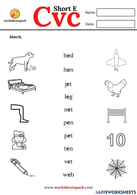 Cvc words short E matching worksheets worksheet Short E Words Worksheets, Short A Family Words Worksheet, Sound Of E Worksheet, 3letter Words Kids Worksheet, E Vowel Words Worksheet, E Phonics Worksheet, Cvc Short E Worksheets, Letter E Sound Worksheet, Short E Sound Worksheets