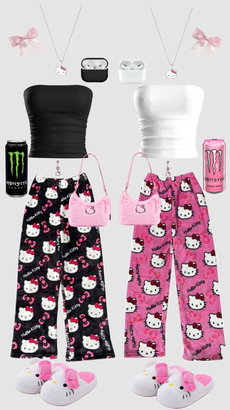 Hello kitty matching outfits Pajama Party Outfit Ideas, Pajama Party Outfit, Hello Kitty Matching, Kuromi Clothes, Cutesy Outfit, Bff Matching Outfits, Fashion Dress Up Games, Matching Outfits Best Friend, Kitty Clothes