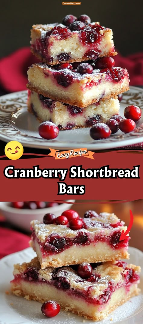 Celebrate the festive season with Cranberry Shortbread Bars, a delicious combination of buttery shortbread and tangy cranberry filling. These bars are topped with a light dusting of powdered sugar, offering a balance of flavors that evoke the joy of holiday baking. #CranberryBars #HolidayBaking #ShortbreadDesserts Cranberry Almond Shortbread, Cranberry Gooey Butter Bars, Cranberry Orange Shortbread Recipe, Coconut Cranberry Bars, Baking With Fresh Cranberries, Dessert Bar Recipes For A Crowd, Cranberry Bars Recipe Easy, Desserts With Fresh Cranberries, Cranberry Cream Cheese Bars