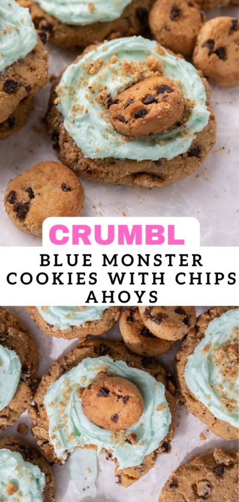 Crumbl blue monster cookies with chips ahoy - Lifestyle of a Foodie Cookies With Chips, Blue Monster Cookies, Crumble Cookie Recipe, Monster Cookies Recipe, Brown Sugar Cookies, Cake Mug, Cookie Dough Ice Cream, Blue Monster, Chips Ahoy