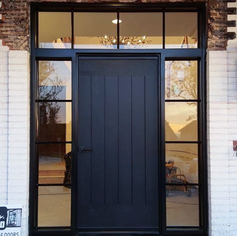 Black Steel Doors Exterior, Transom Front Door Entrance, Steel And Glass Front Door, Modern Glass Doors Exterior Entrance, Side Door With Glass, Black Framed Door Exterior, Statement Door Exterior, Big Front Door Ideas, Entry Way Door Ideas