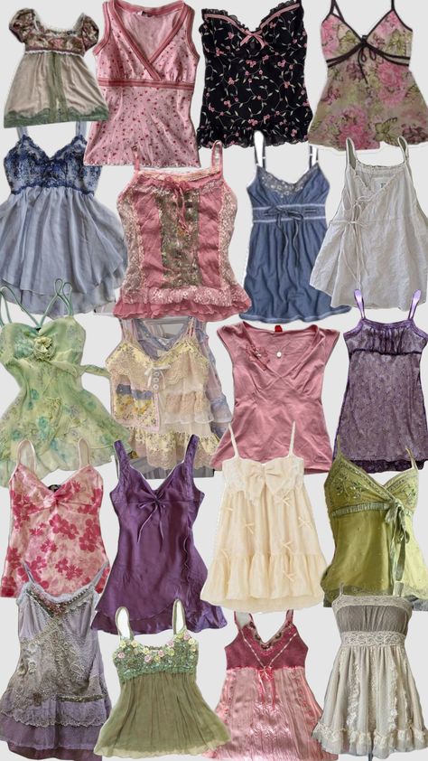 My dream wardrobe!!🪽 #vintage #clothes #clothesinspo #clothing #camisole #spring #summer #art Y2k Wardrobe Closet, Vintage Camisole Outfit, Dr Wardrobe Ideas, Places To Shop For Summer Clothes, Vintage Summer Fits, Layered Tank Top Outfits 2000s, My Dream Clothes, Outfit Styles Types Of Aesthetic, Dream Wardrobe Aesthetic