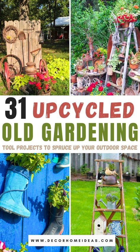 Discover creative ways to transform your old gardening tools into stunning outdoor decor with our collection of 31 upcycled projects. From quirky planters to unique garden art, these DIY ideas will add charm and personality to your garden. Dive in to find inspiration for your next weekend project! Unique Garden Wall Art, Quirky Garden Ideas Upcycle, Upcycled Home Decor Creative Ideas, Recycled Garden Art Upcycling Diy Projects, Junk Garden Ideas Diy, Eco Garden Ideas, Repurposed Garden Decor, Repurposed Items For Garden, Garden Diy Décor