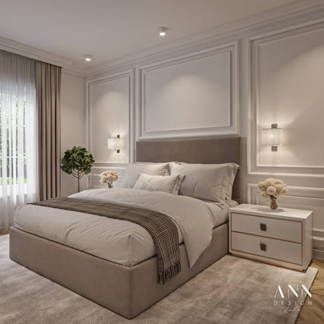 Bedroom With Moulding Wall, Vanity Wall Bedroom, Luxury Bedroom Master Panelling, Accent Wall With Sconces Bedroom, Wall Trim With Mirror, Luxury Bedroom Panelling, Low Light Room Paint Colors Master Bedrooms, Sophisticated Living Room Ideas, Luxury Hotel Decor