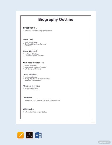 Professional Biography Outline Template Auto Biography Example, How To Write A Biography Templates, Auto Biography Writing, Personal Biography Template, Personal Biography Examples, Biography Report Template, Autobiography Template, Biography Book Report, Biography Report