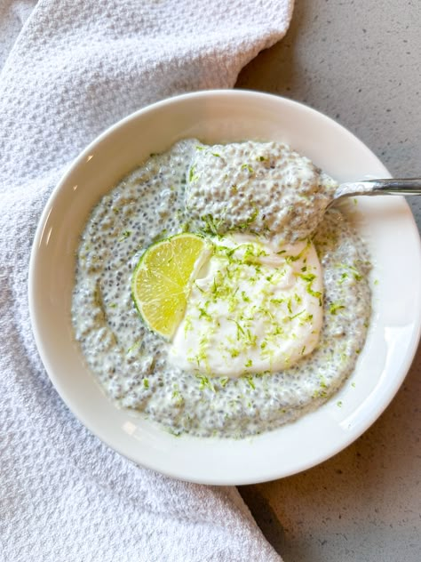 KEY LIME CHIA PUDDING Key Lime Chia Seed Pudding, Key Lime Chia Pudding, Mediterranean Breakfasts, Vegan Camping Meals, Breakfast Rotation, Protein Hacks, Grillable Veggie Burger, Chia Puddings, Vegan Breakfast Casserole