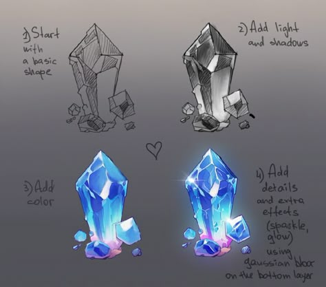 Crystal drawing tutorial Crystal Shard Drawing, How To Draw Crystals Digital, How To Shade Crystals, Crystal Art Tutorial, Crystal Reference Drawing, How To Color Crystals, Gem Shading, Crystal Magic Art, How To Draw A Crystal