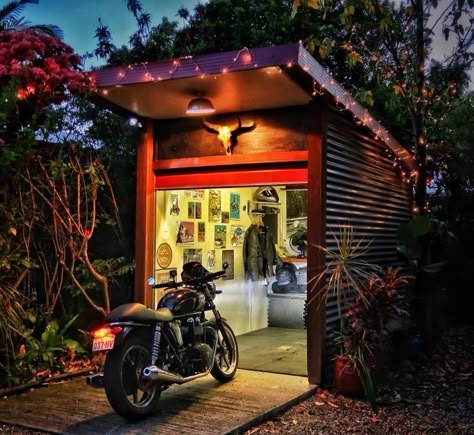 Motorcycle Shed Ideas, Motorcycle Garage Ideas, Motorcycle Shed, Motorbike Garage, Motorbike Shed, Hd Fatboy, Motorcycle Storage Shed, Bike Garage, Motorcycle Storage