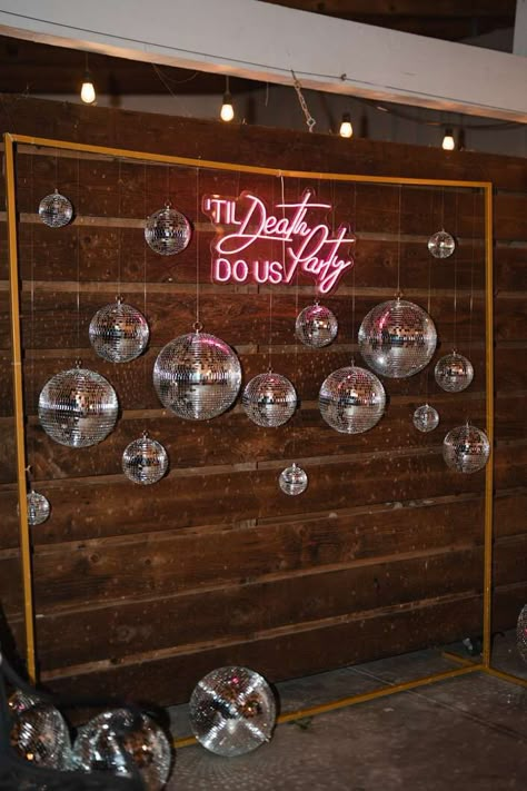 Display of Hanging Disco Balls and a Neon Sign at Retro Barn Wedding Hanging Disco Balls, Mdf Furniture, Laser Cut Panels, Disco Theme, Retro Wedding, Disco Balls, Wedding Mood Board, Wedding Mood, Disco Party