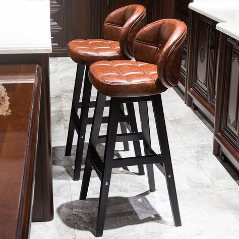 PU Leather Upholstered Bar Stool Brown/Green/Black Mid-Century Counter Stool Set of 2 Rustic Counter Stools, Custom Bar Stools, Mid Century Bar Stools, Rustic Bar Stools, Rustic Counter, Mid Century Bar, Rustic Bar, Bar Stools With Backs, Stools With Backs